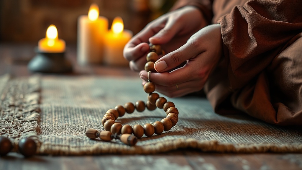 Mains tenant un mala en bois et un jonc bouddhiste traditionnel sur un tapis de méditation