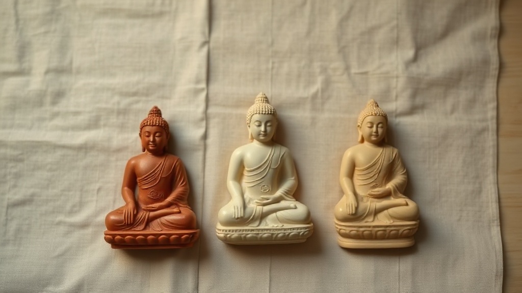 Trois statues de Bouddha représentant les styles Théravâda, Mahâyâna et Vajrayâna côte à côte