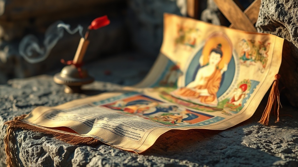 Thangka tibétain partiellement déroulé avec une cloche rituelle et de l'encens, tradition Vajrayâna