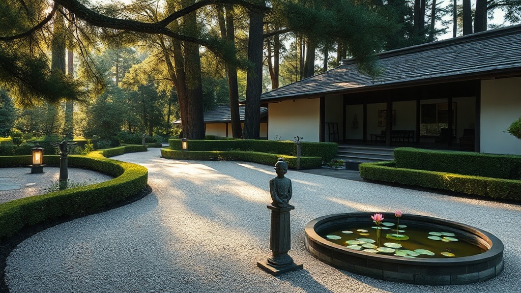 Jardins zen du Temple Bouddhiste Rancon avec étang de lotus et graviers ratissés