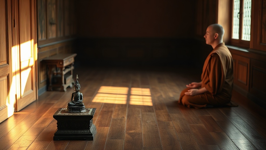 Espace de méditation intérieur du Temple Bouddhiste Rancon avec autel et encens