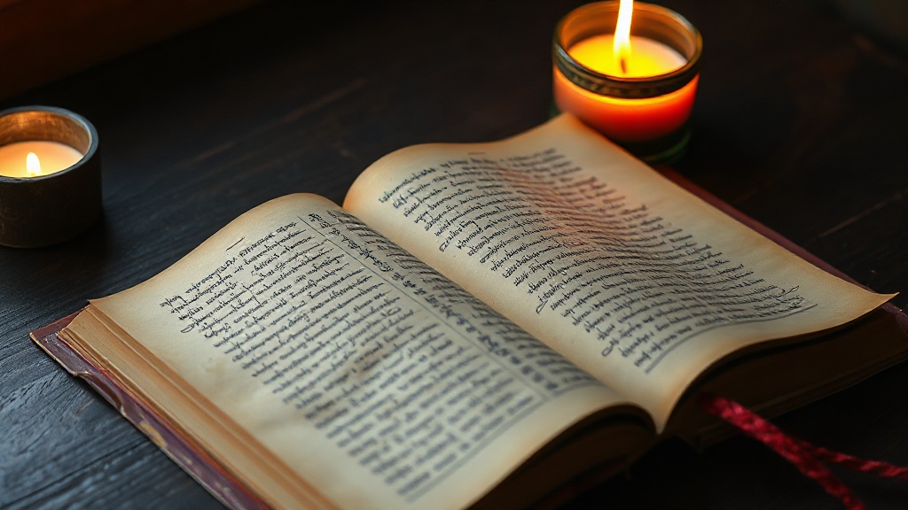 Manuscrit bouddhiste ancien ouvert sur une table en bois, éclairé à la bougie