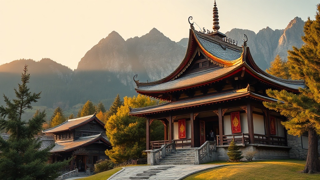 Vue extérieure d'un temple bouddhiste en montagne alpine, toiture traditionnelle, forêt et sommets enneigés