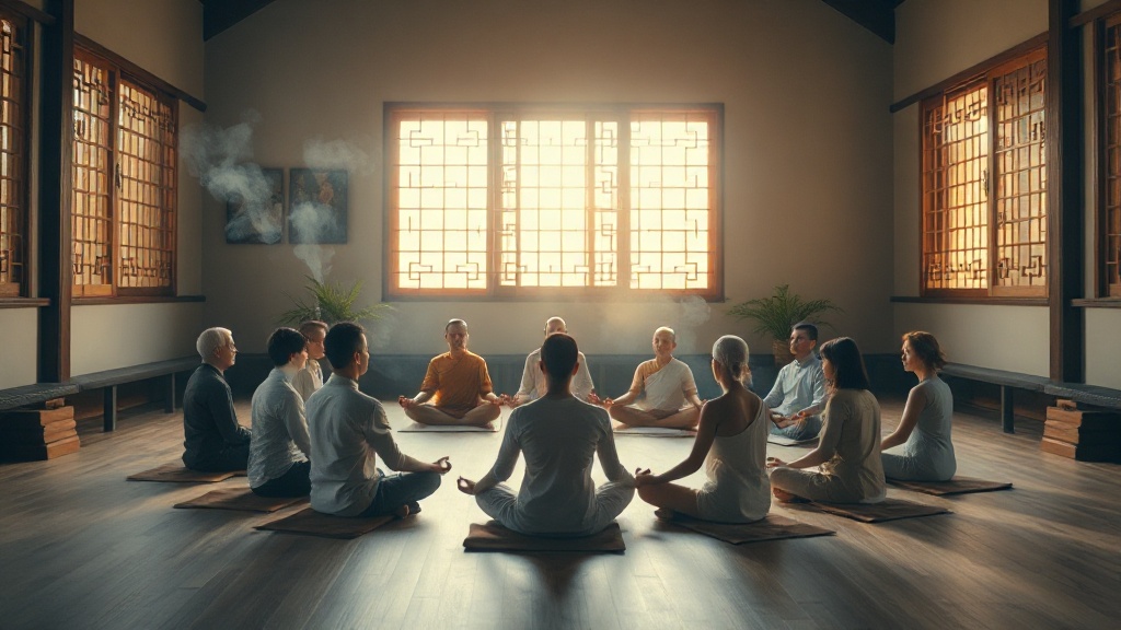 Séance de méditation collective dans une salle de temple bouddhiste, coussins au sol, lumière naturelle