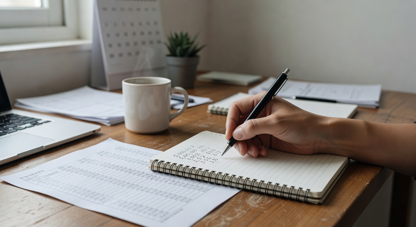 a person's hand writing numbers in a notebook next to a printed loan comparison sheet on a desk