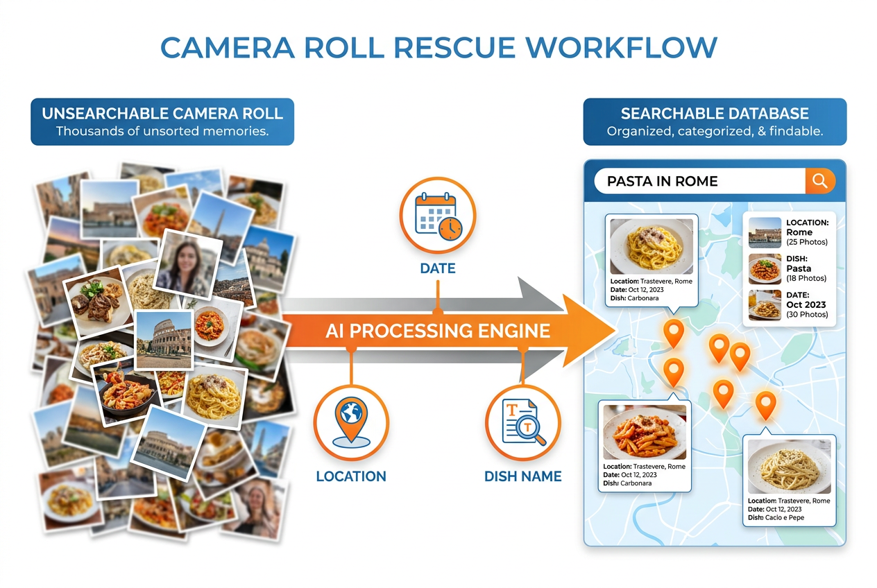 Infographic showing how food software uses AI auto-tagging to convert a messy camera roll into a searchable, map-based restaurant diary.