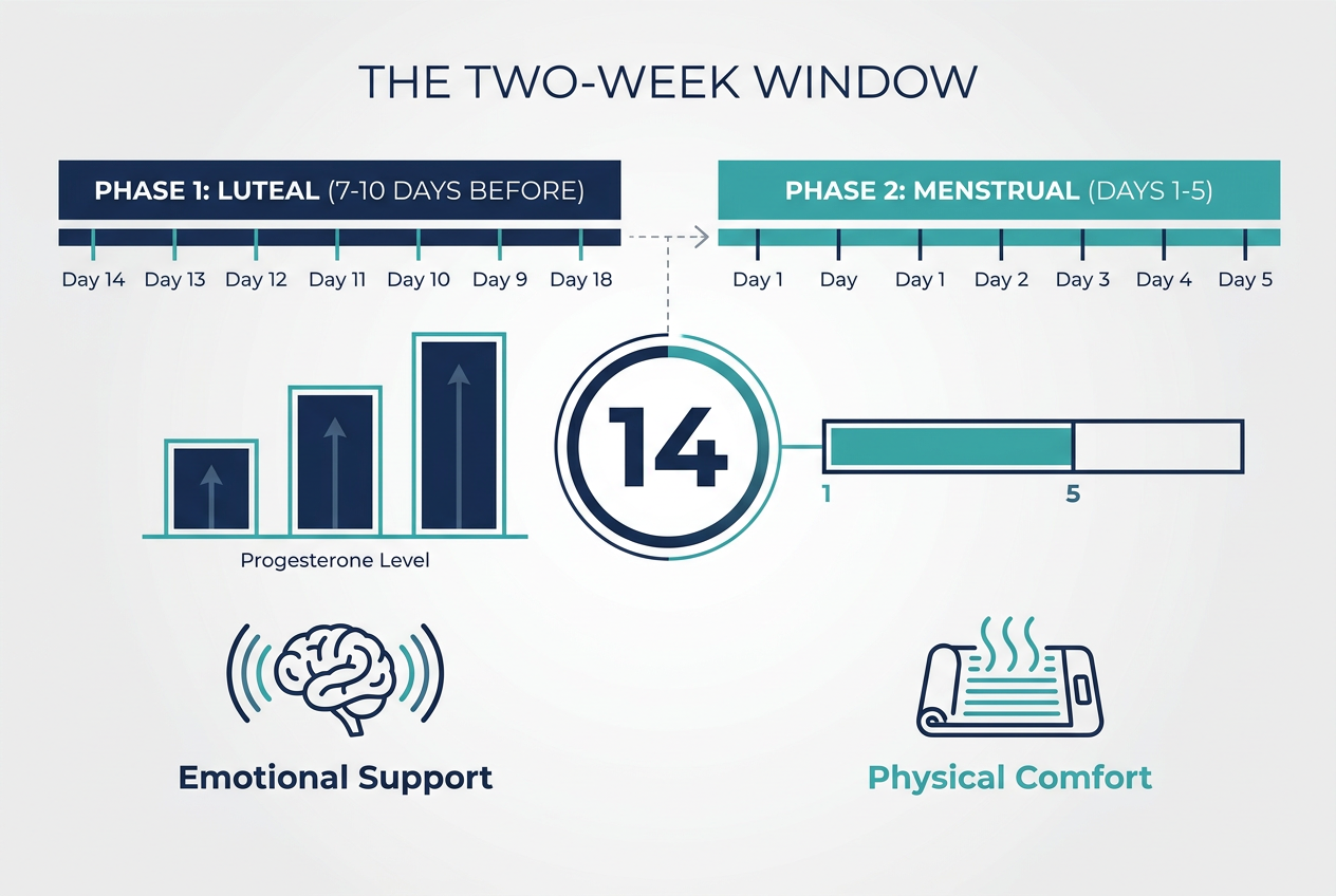 A horizontal timeline diagram illustrating the Luteal and Menstrual phases of a cycle, showing 14 days of strategic partner support opportunities.