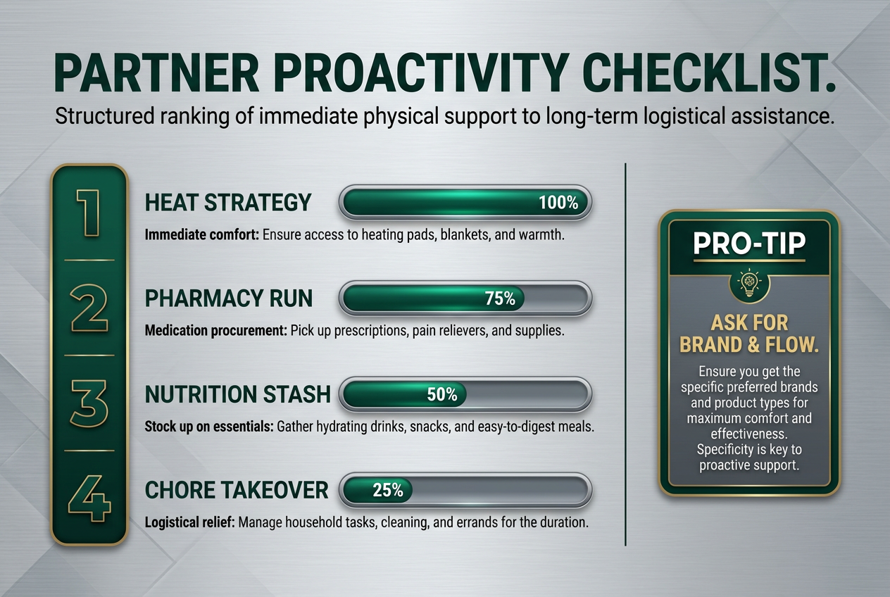 A numbered checklist for partners featuring heat strategy, pharmacy runs, nutrition, and chore management to support a girlfriend during her period.