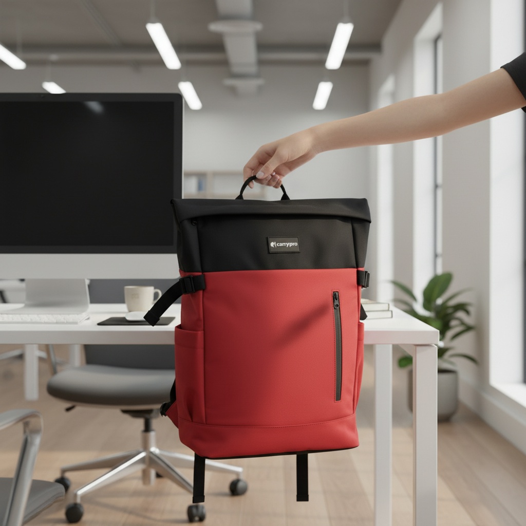 Customer wearing backpack in professional setting