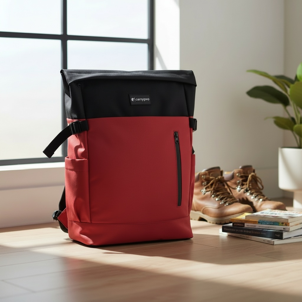 Customer organizing items in backpack compartments