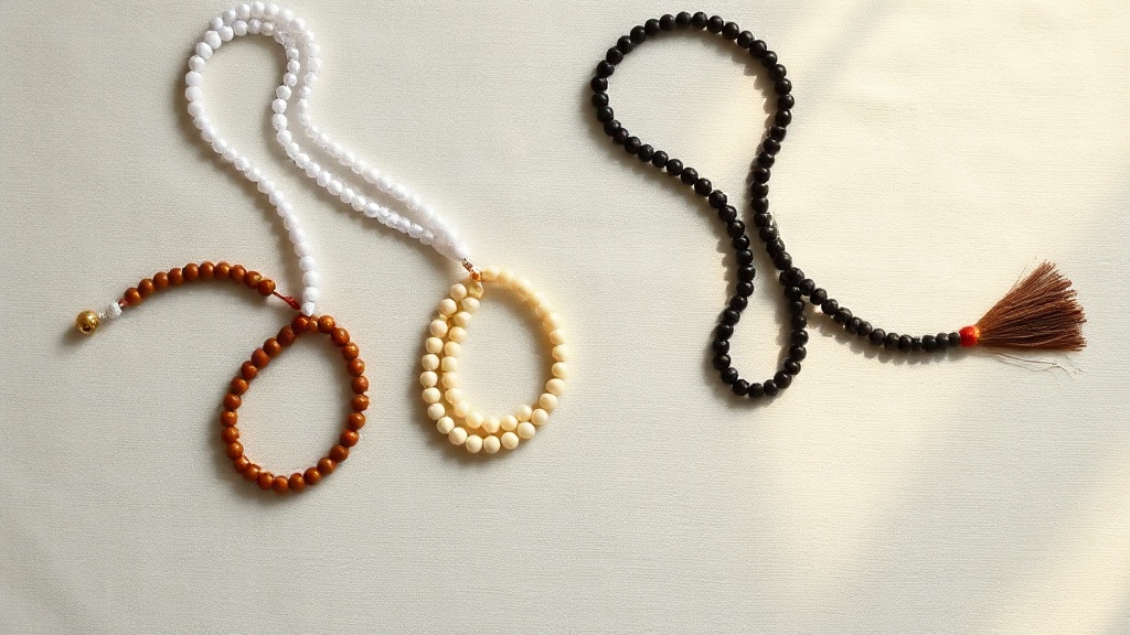 Three mala strands in different materials, sandalwood, bone, and seed, displayed on natural linen cloth