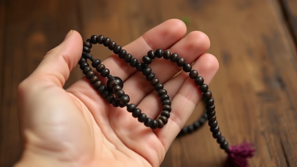 Hand holding rudraksha mala beads during mantra recitation, close-up detail on bead texture