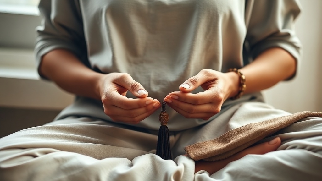Meditator's hands resting in lap holding a mala during seated practice, soft window light