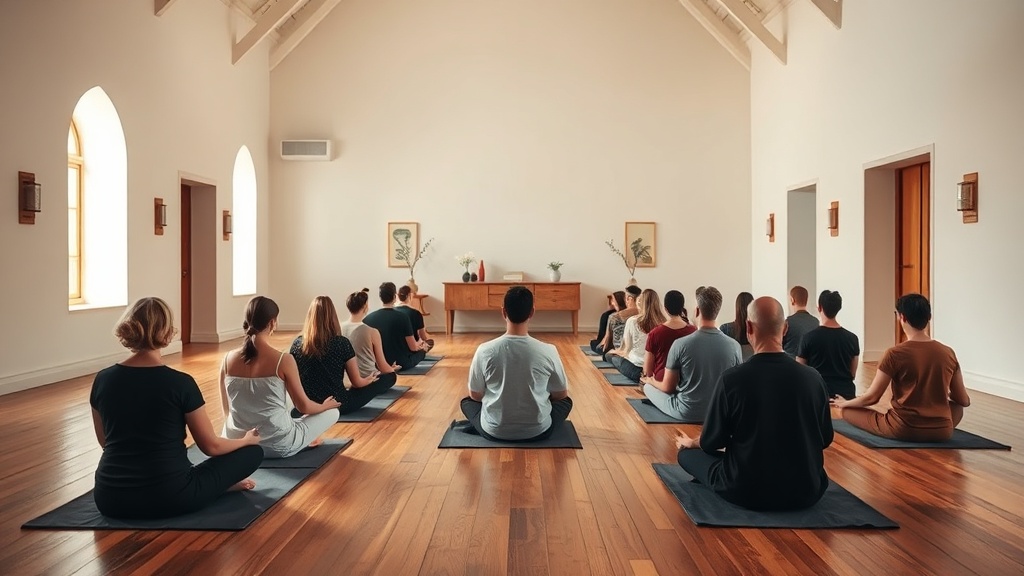 People meditating in a minimalist meditation hall with a simple Buddhist altar