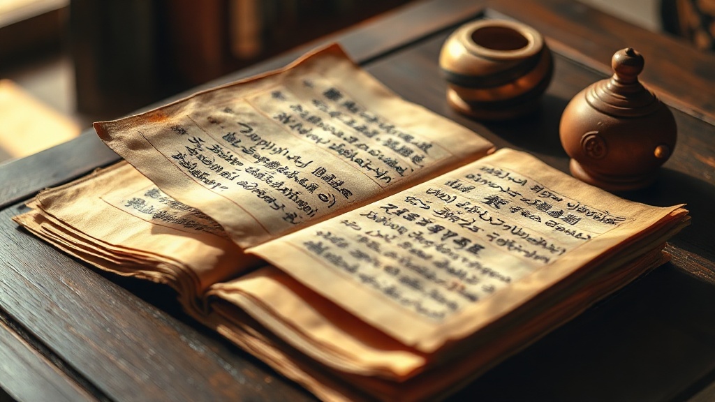 Ancient Buddhist scripture manuscripts resting on a wooden surface beside a small oil lamp