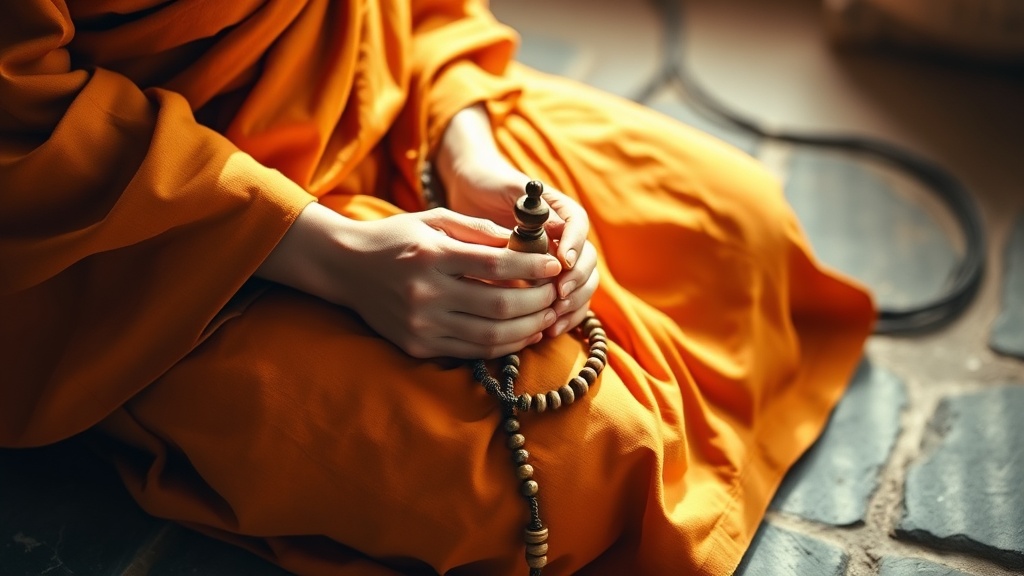 Close-up of monk's hands holding a wooden mala bead rosary on a saffron robe