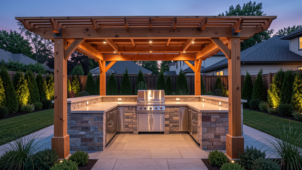 Modular outdoor kitchen with stone counters built in grill storage and warm patio lighting