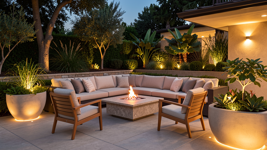 Luxury patio furniture setup with modern outdoor sectional teak chairs stone fire table layered planters and warm lighting
