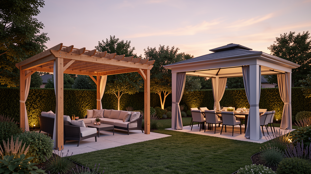 Modern backyard with a cedar pergola lounge and a refined gazebo pavilion in landscaped warm dusk light