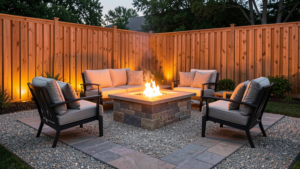 Smokeless fire pit patio with comfortable outdoor seating gravel stone paver base cedar privacy screen and evening glow