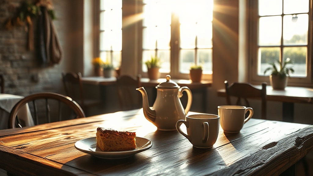 Table cosy d'un salon de thé nantais avec théière vintage et gâteau maison