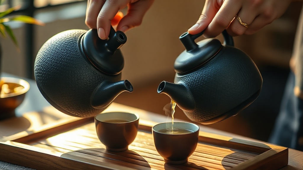 Mains versant du thé depuis une théière en fonte japonaise dans une tasse en céramique