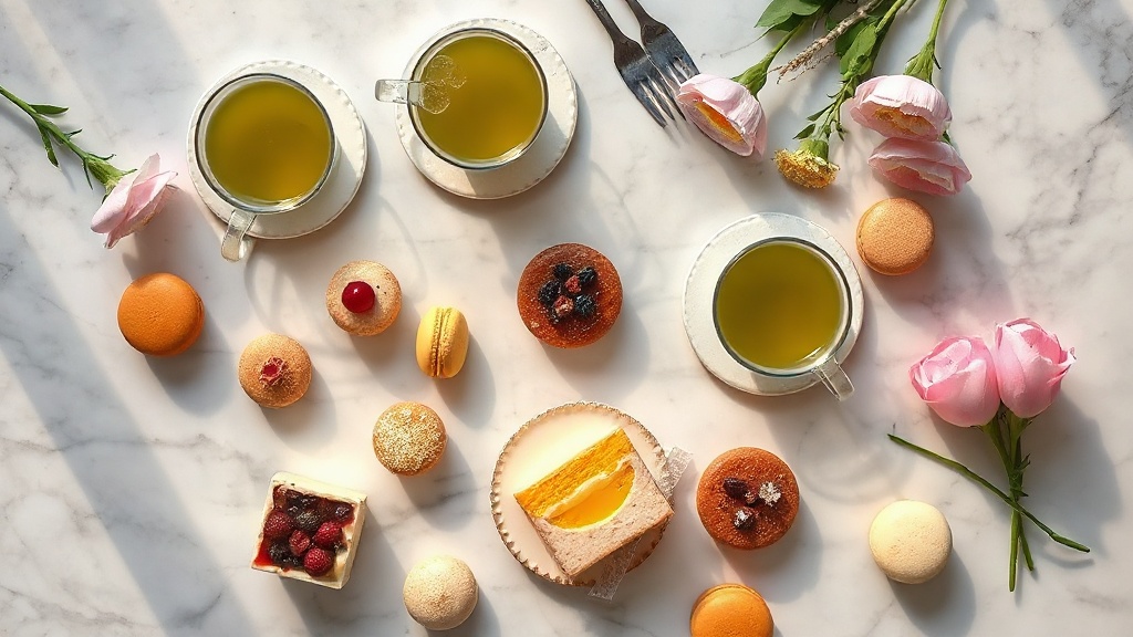 Assortiment de pâtisseries artisanales françaises et tasse de thé vert, vue de dessus