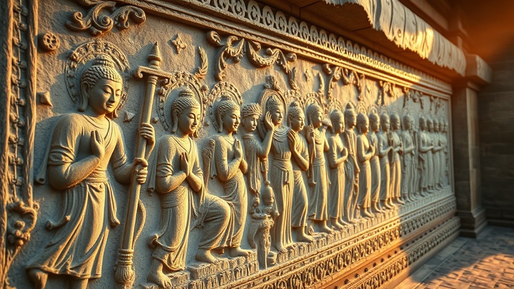 Détail d'un bas-relief sculpté sur un temple bouddhiste, scènes de dévotion et de pèlerinage gravées dans la pierre