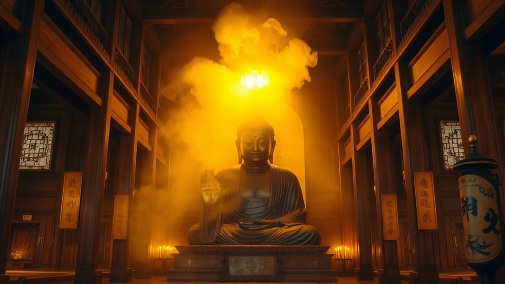 Intérieur d'un hall bouddhiste japonais avec statue en bronze baignant dans une lumière de bougies et d'encens