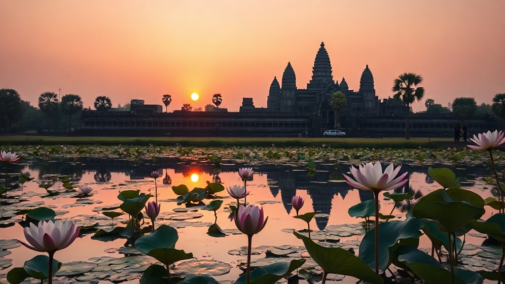 Les tours d'Angkor Wat se reflétant dans les douves au lever du soleil, ciel rosé et fleurs de lotus au premier plan