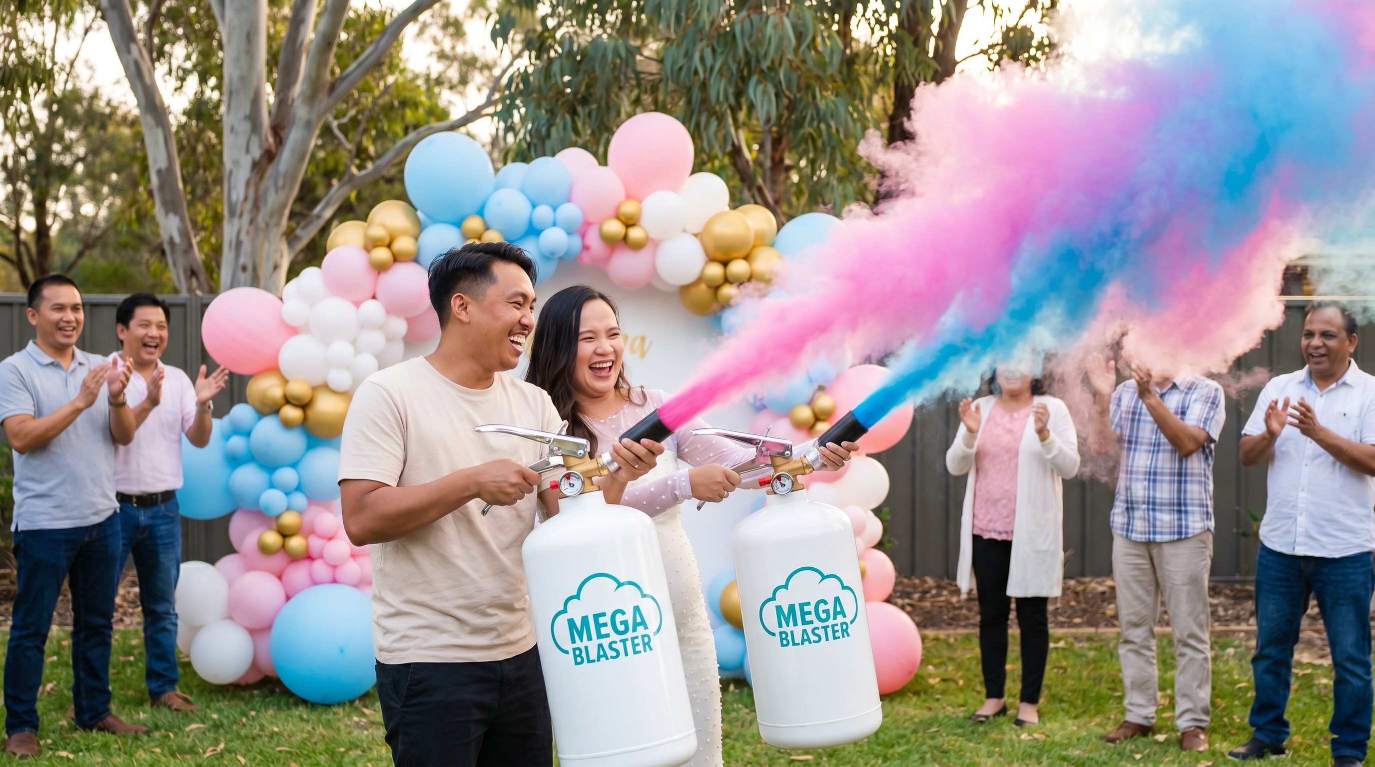 Best gender reveal ideas 2026 Australian family celebrating with powder cannons and balloons