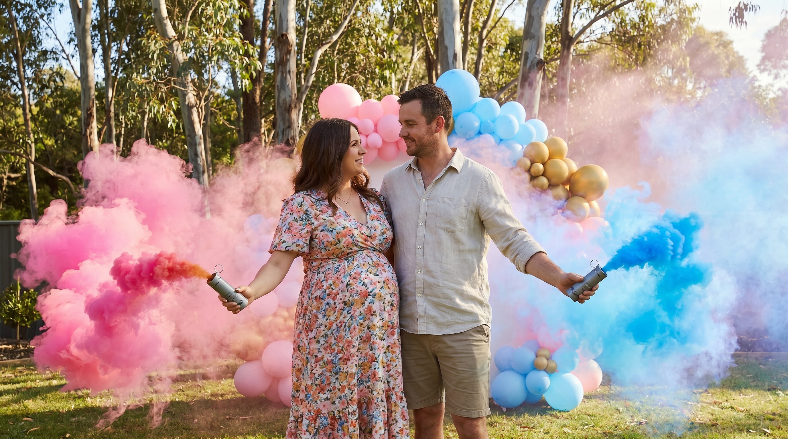 Gender reveal smoke bombs creating coloured clouds in Australian backyard party