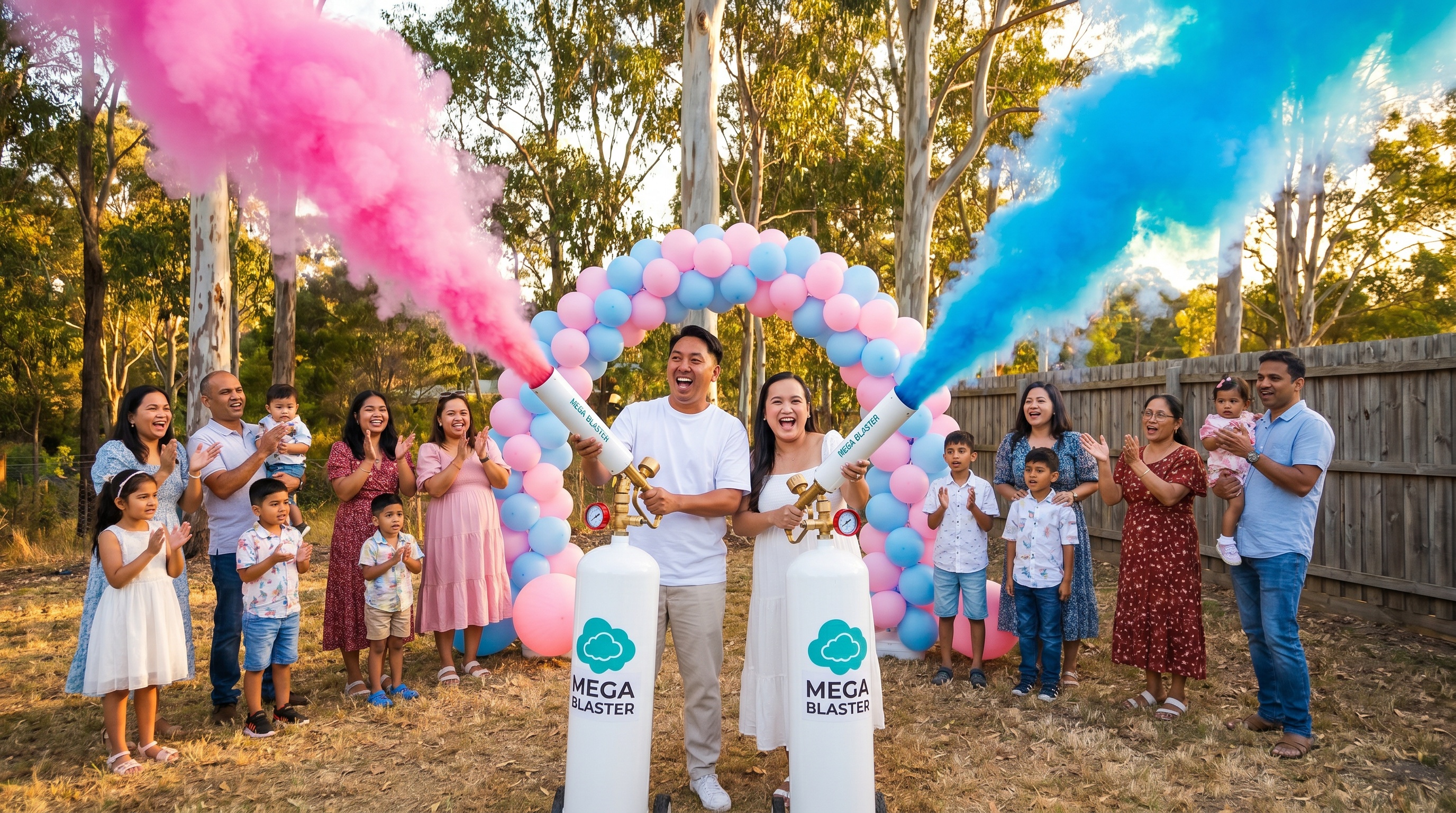 Australian family gender reveal party setup with powder cannons and balloons outdoors