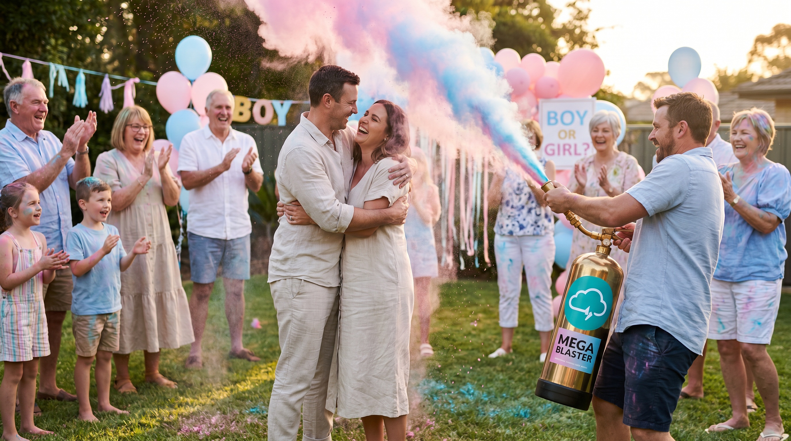 Happy Australian couple celebrating successful gender reveal with family gathered around