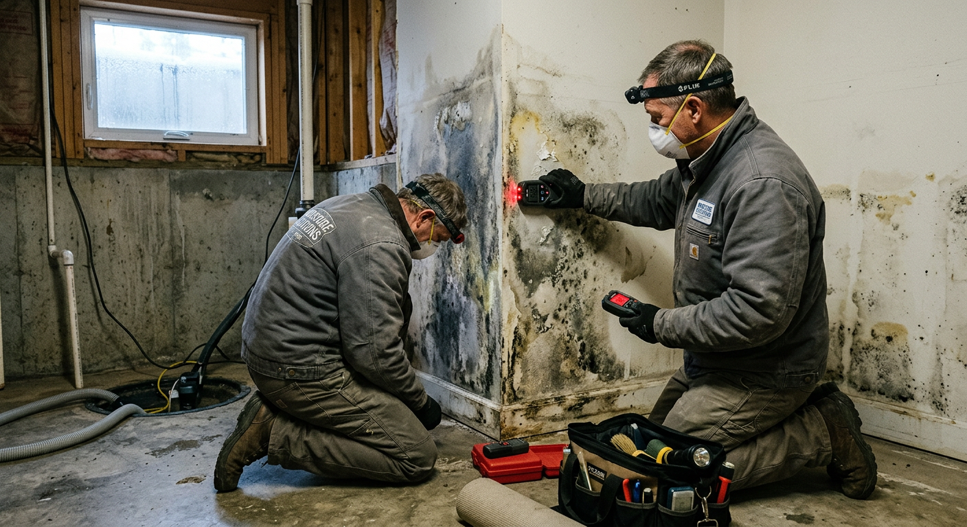 Photorealistic interior scene showing a damp basement corner with a moisture meter, visible discoloration on drywall, and ...