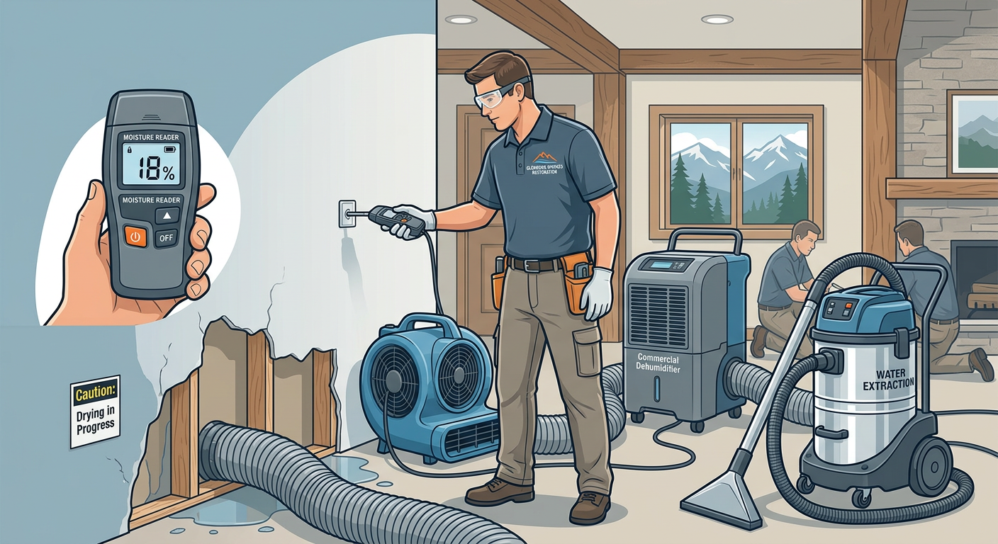 Detailed modern illustration of a restoration process inside a damaged Glenwood Springs property, showing water extraction...