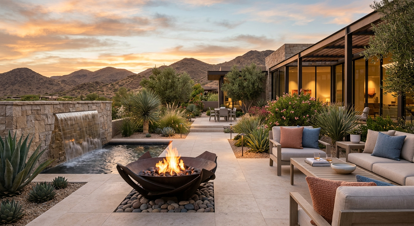 Modern Outdoor Fire And Water Features For Luxury Backyards Elegant modern outdoor living space with a sculptural fire bowl, cascading water wall, limestone decking, and desert plant...