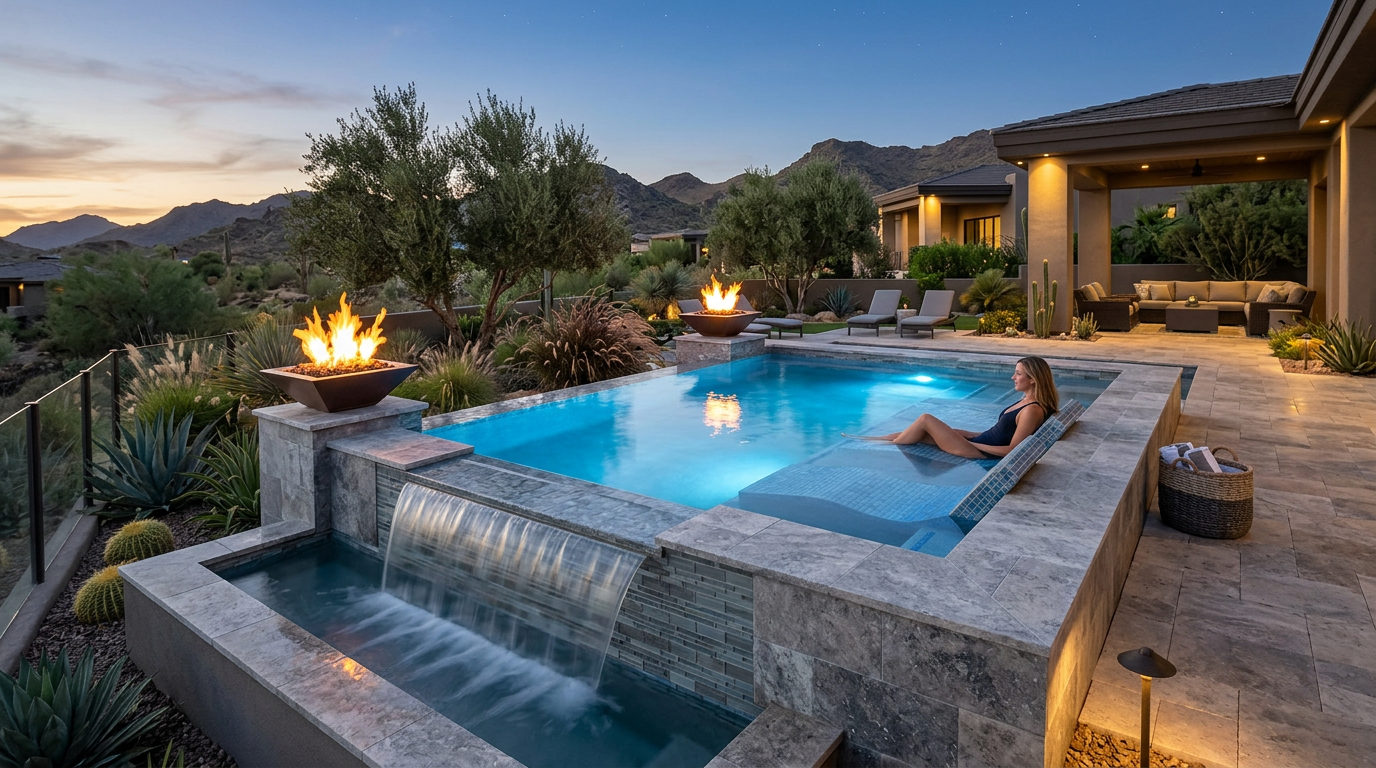 Resort Style Pool and Spa Features for Luxury Backyards Elegant in-content scene showing a modern raised spa with sheet waterfall, built-in lounge ledge, underwater lighting, and...
