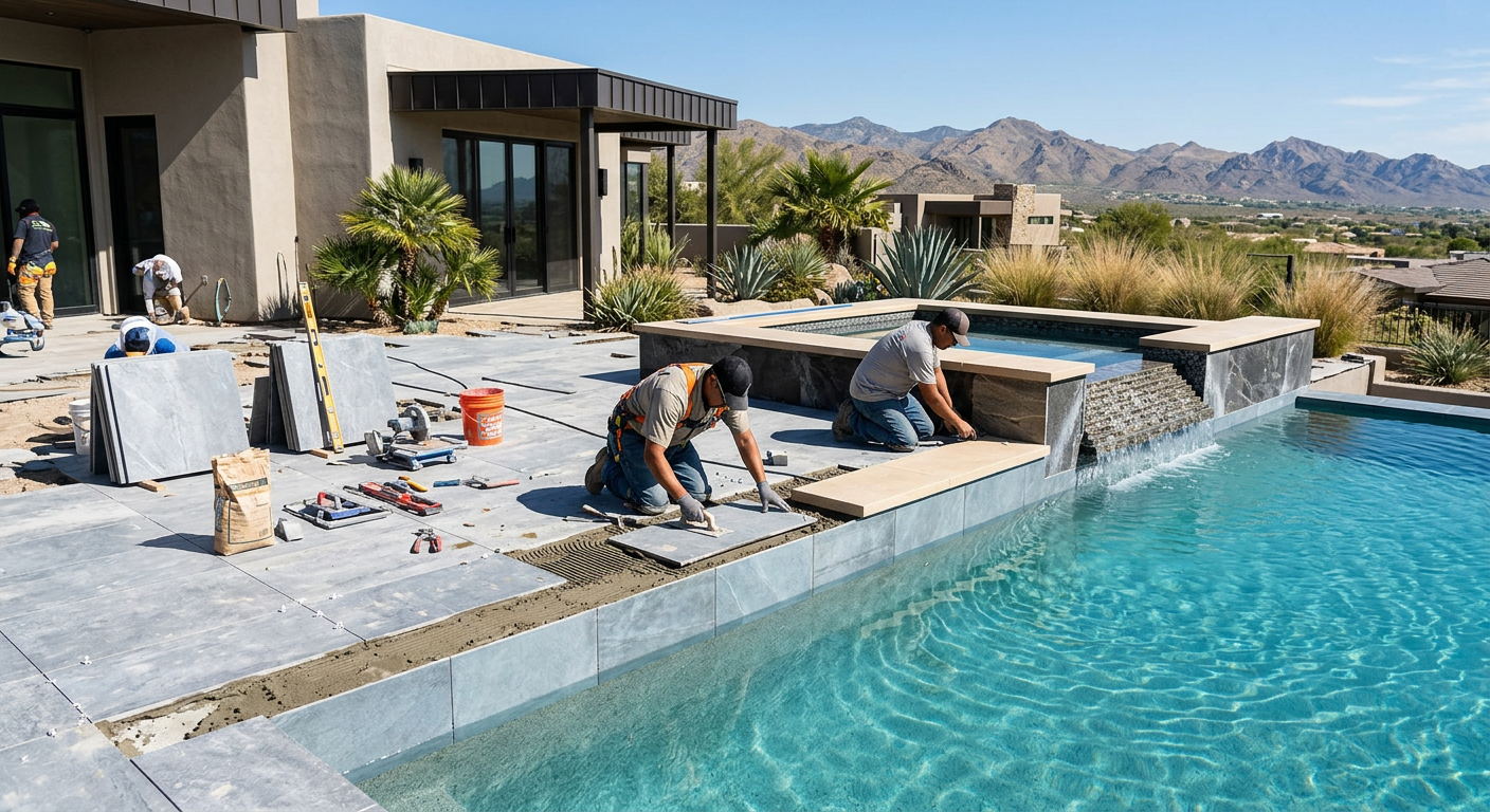 High End Pool Rebuild Costs: What Scottsdale Homeowners Pay Modern luxury pool renovation in progress with artisans installing large-format tile, new coping, and spa spillover featur...