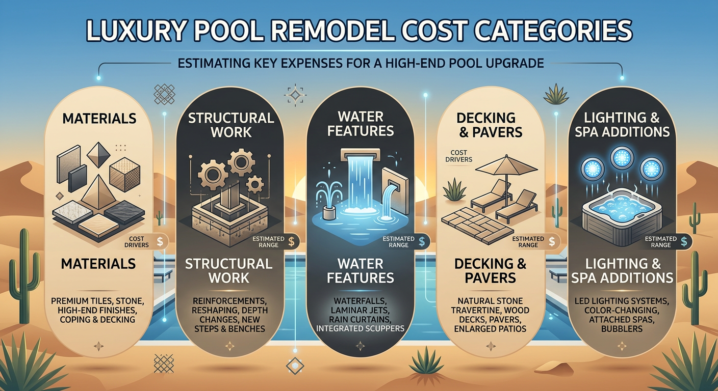 Luxury Pool Remodel Cost Phoenix: What Homeowners Should Expect A modern infographic-style visual of luxury pool remodel cost categories, showing elegant sections for materials, structur...
