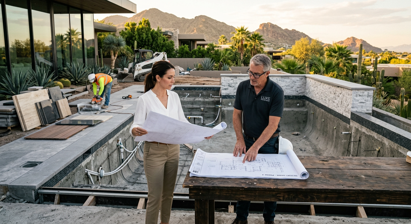High End Pool Rebuild Experts for Luxury Backyard Transformations Modern luxury pool remodel process scene showing designers reviewing plans beside a partially rebuilt pool shell, with ele...