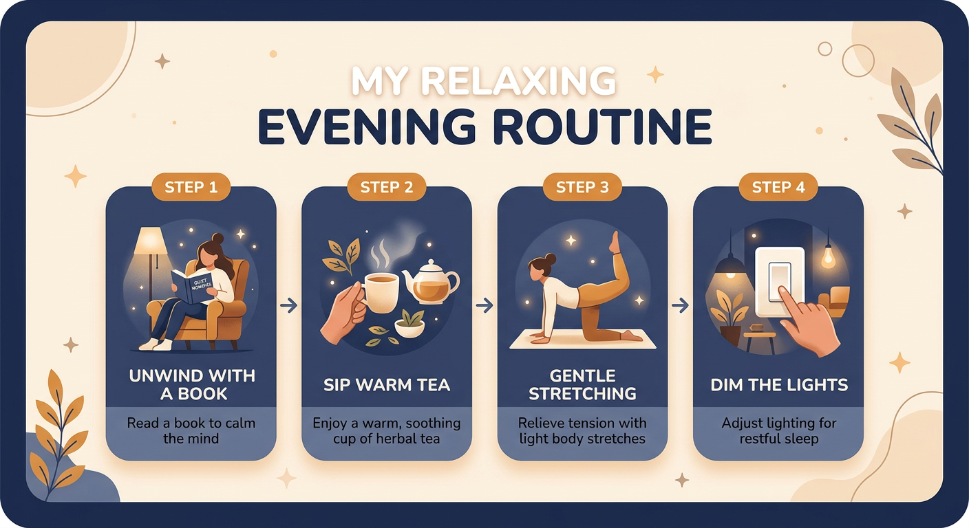 A warm, minimalist infographic-style illustration of a simple evening sequence with a book, tea, stretching, and lights di...