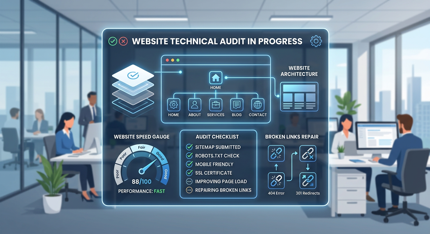 A clean, modern illustration of a website technical audit in progress, showing a digital checklist, speed gauge, broken li...