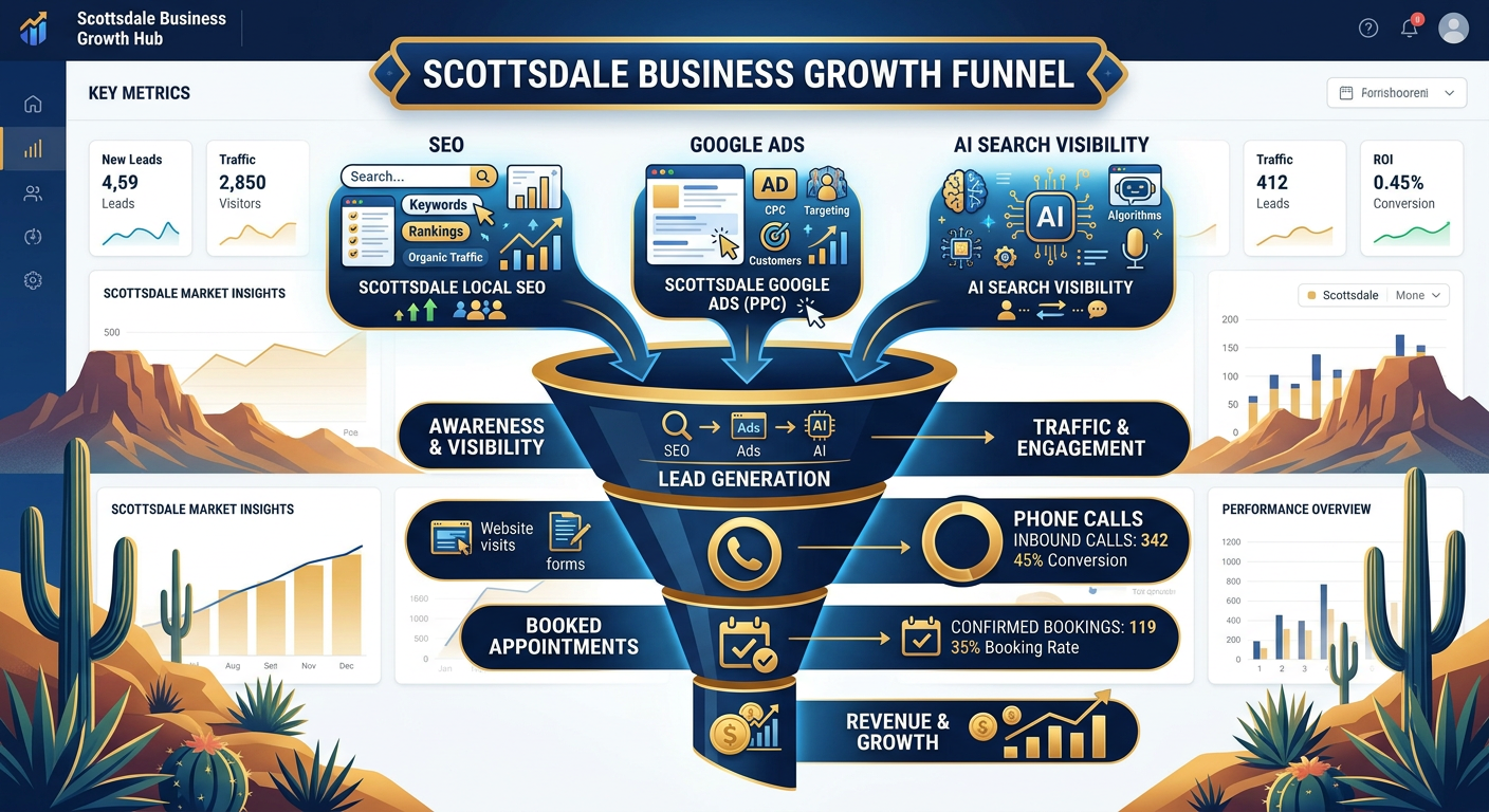 Modern illustrative dashboard view showing a Scottsdale business growth funnel with SEO, Google Ads, and AI search visibil...