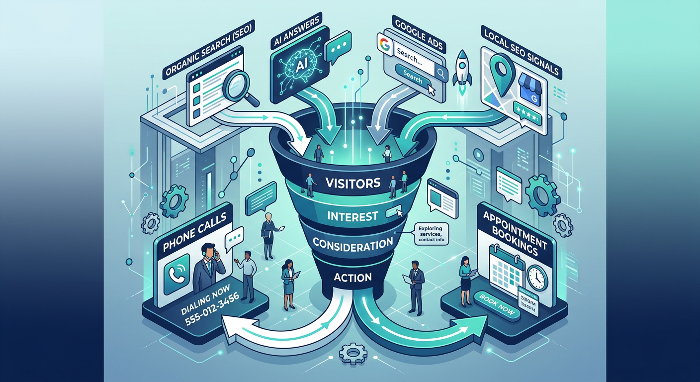 An isometric modern illustration of a conversion funnel fed by search, AI answers, Google Ads, and local SEO signals, with...