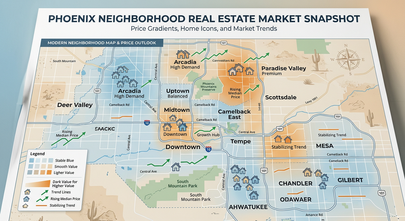 Modern infographic-style neighborhood map of Phoenix with subtle price gradient overlays, home icons, and rising and level...