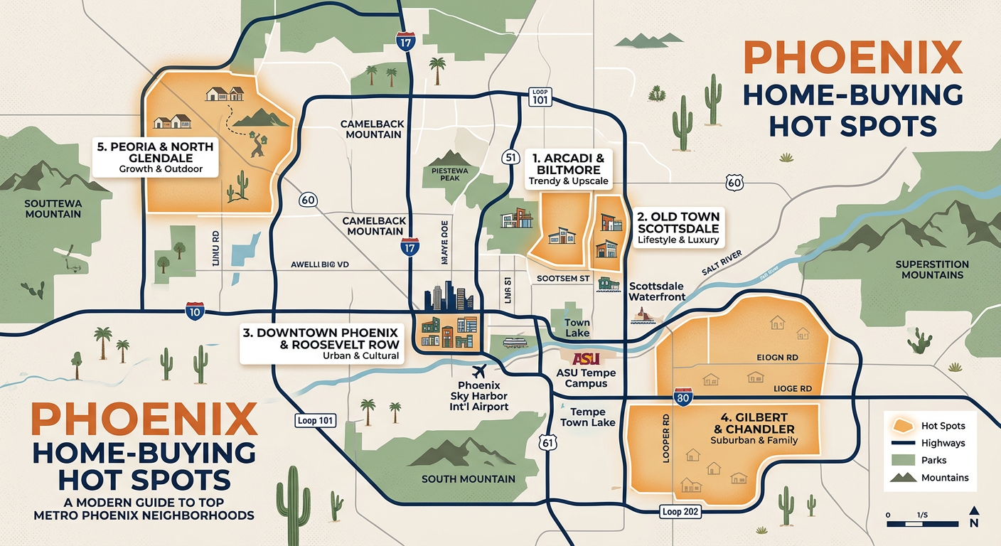 Best Zip Codes In Phoenix To Buy A Home In 2026 Modern map-style illustration of Phoenix home-buying hot spots highlighted across the metro, with subtle house icons, moun...