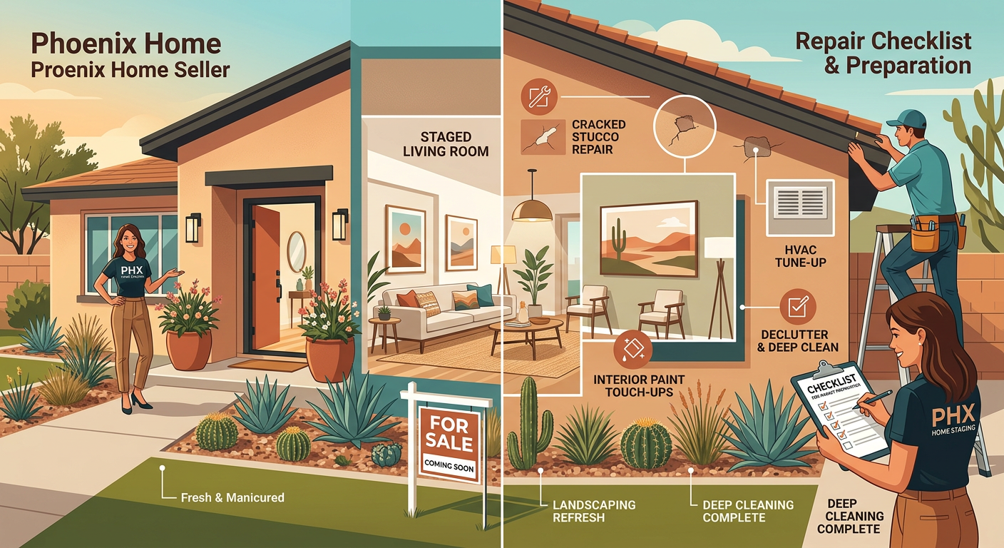 How To Sell A House In Phoenix AZ: A Practical Guide Interior and exterior split-scene illustration showing a Phoenix seller preparing a home for market, one side with curb ap...