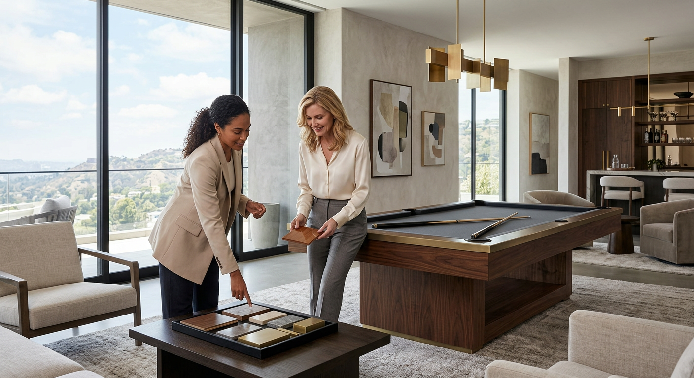 Interior scene showing a designer and homeowner reviewing finish samples beside a cantilever pool table in a contemporary ...