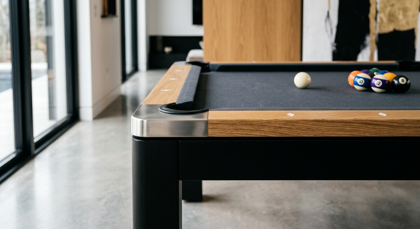 Close-up photorealistic detail shot of a modern cantilever pool table with a matte black frame, natural oak top rail, and ...